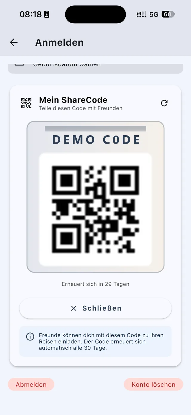Der eigene ShareCode als Zeichenfolge und als QR-Code