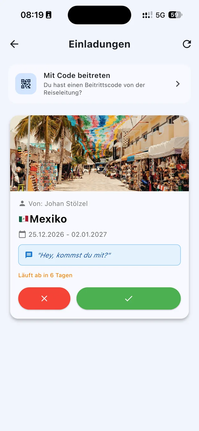 Eingegangene Einladung zu einer Reise nach Mexiko mit Annehmen und Ablehnen