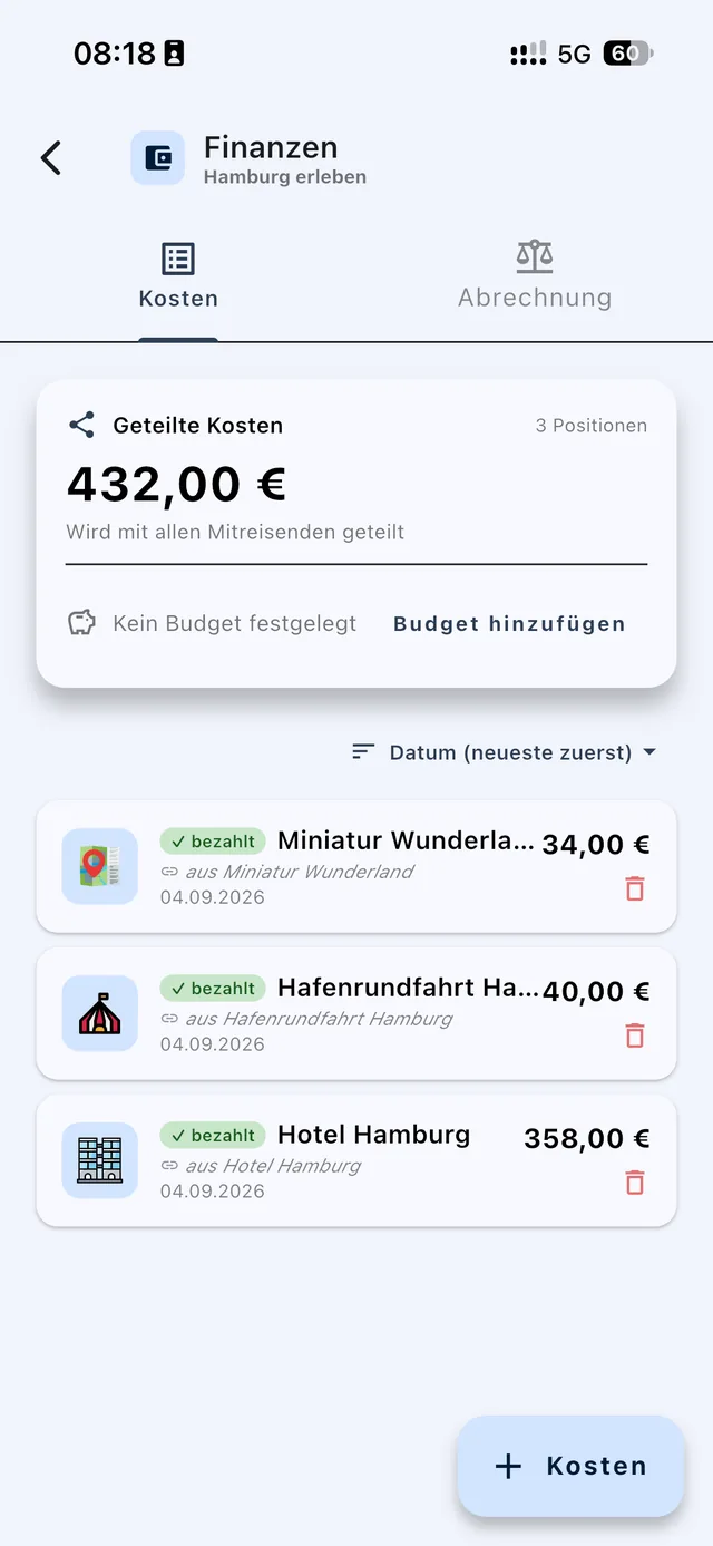 Finanzübersicht mit geteilten Kosten und dem Stand der Zahlungen