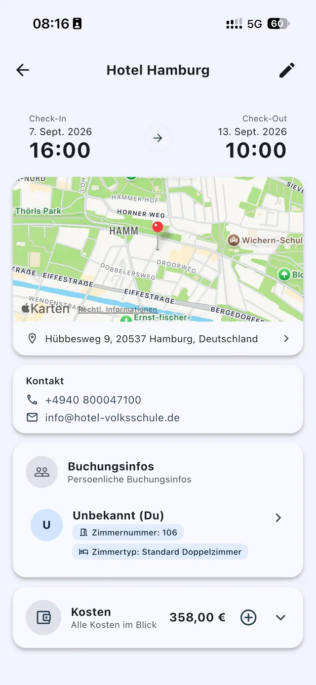 Detailansicht einer Unterkunft mit Karte, Kontakt, Buchungsinfos und Kosten