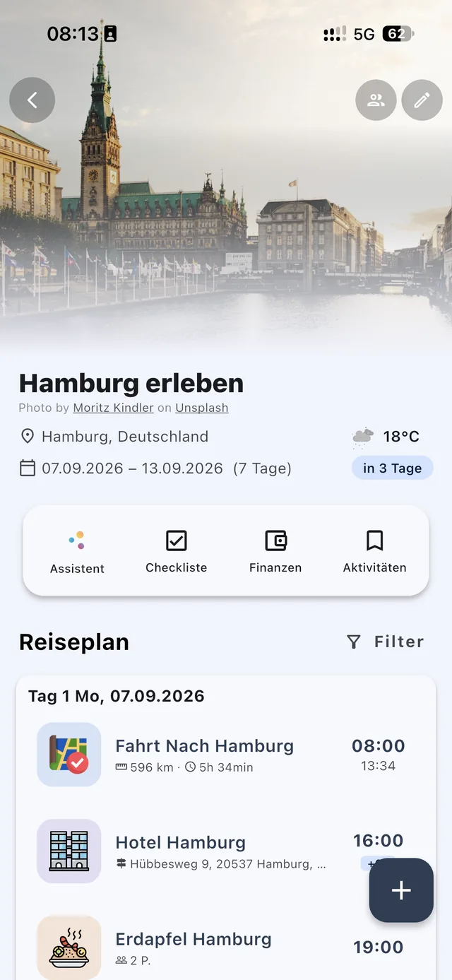 Reiseplan mit den Stationen des ersten Tages