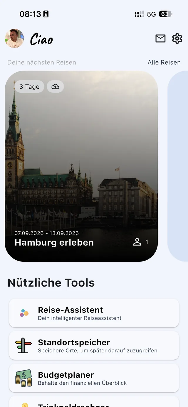 Startseite mit der nächsten Reise und den Reise-Werkzeugen
