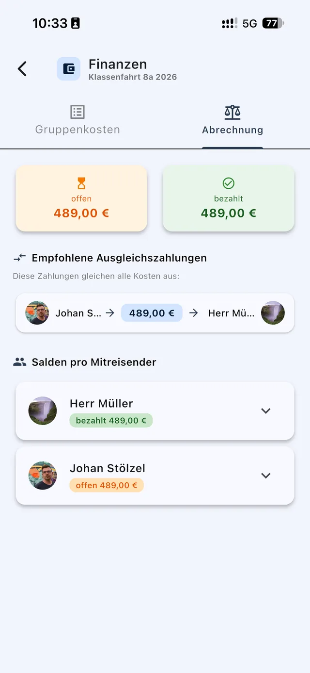 Abrechnung mit offenen und bezahlten Beträgen sowie vorgeschlagenen Ausgleichszahlungen