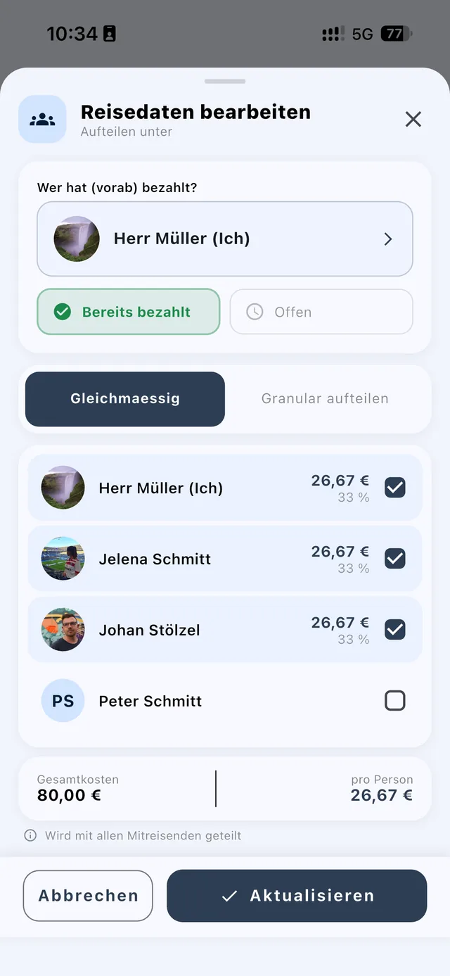 Aufteilung einer Position auf die Mitreisenden, gleichmäßig oder granular
