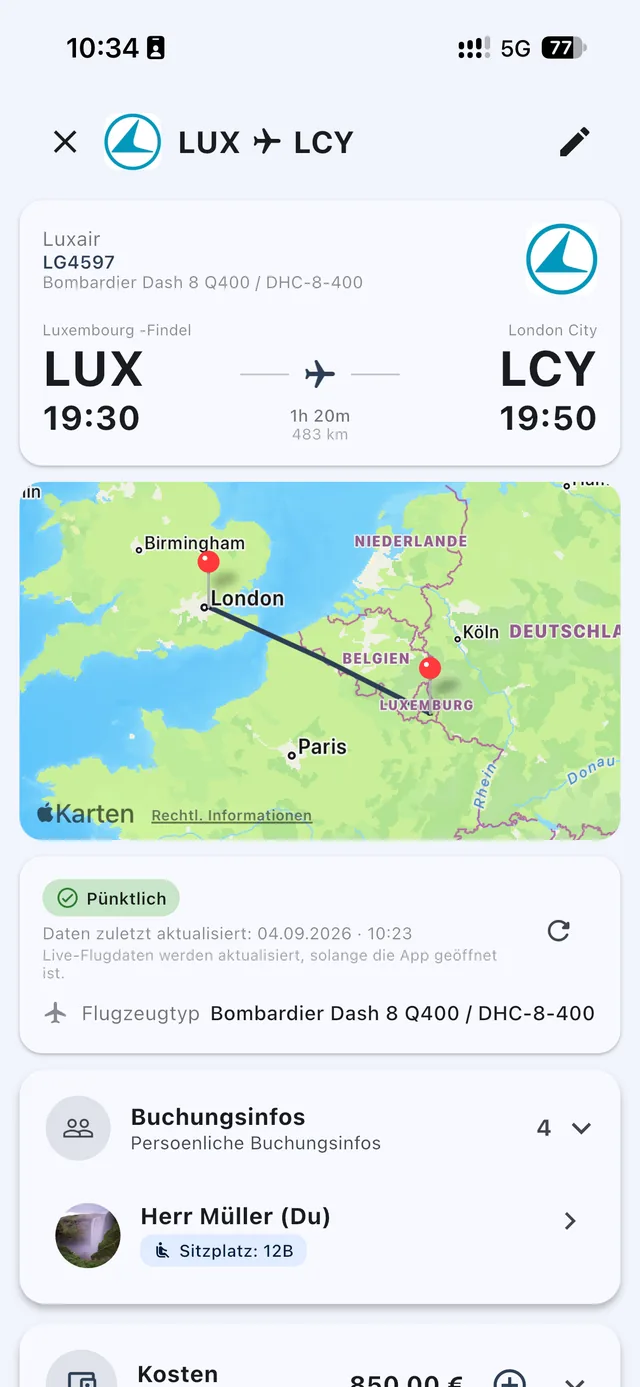 Flug mit Live-Status, Karte und Buchungsinfos