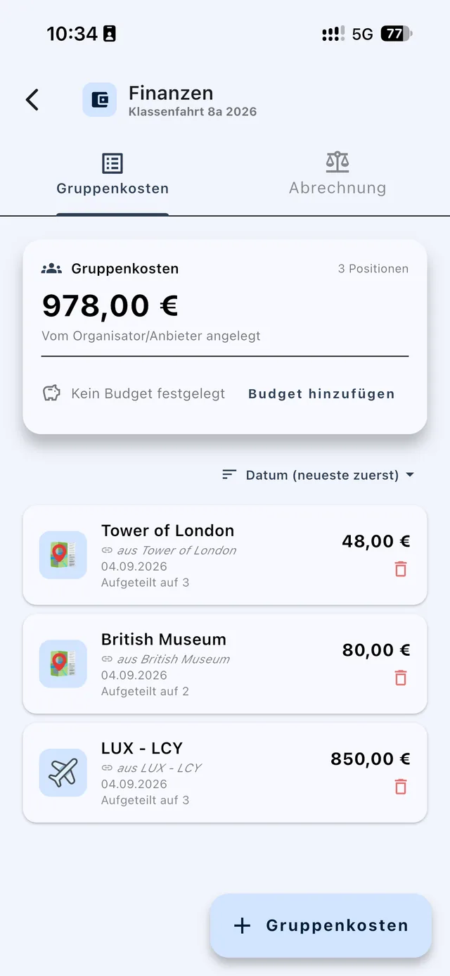 Gruppenkosten mit Einzelpositionen für Flug, Museum und Eintritte