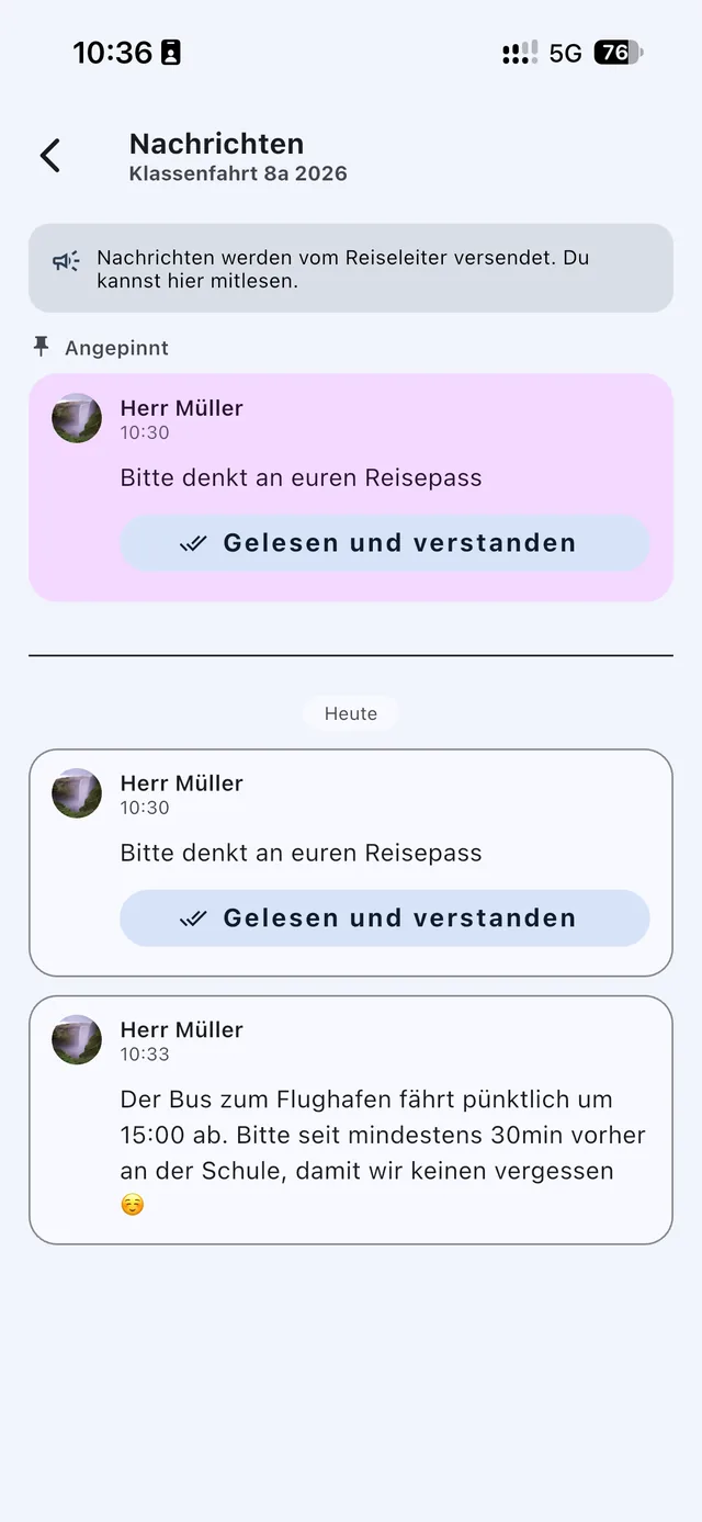 Teilnehmersicht mit angepinnter Nachricht und der Schaltfläche Gelesen und verstanden