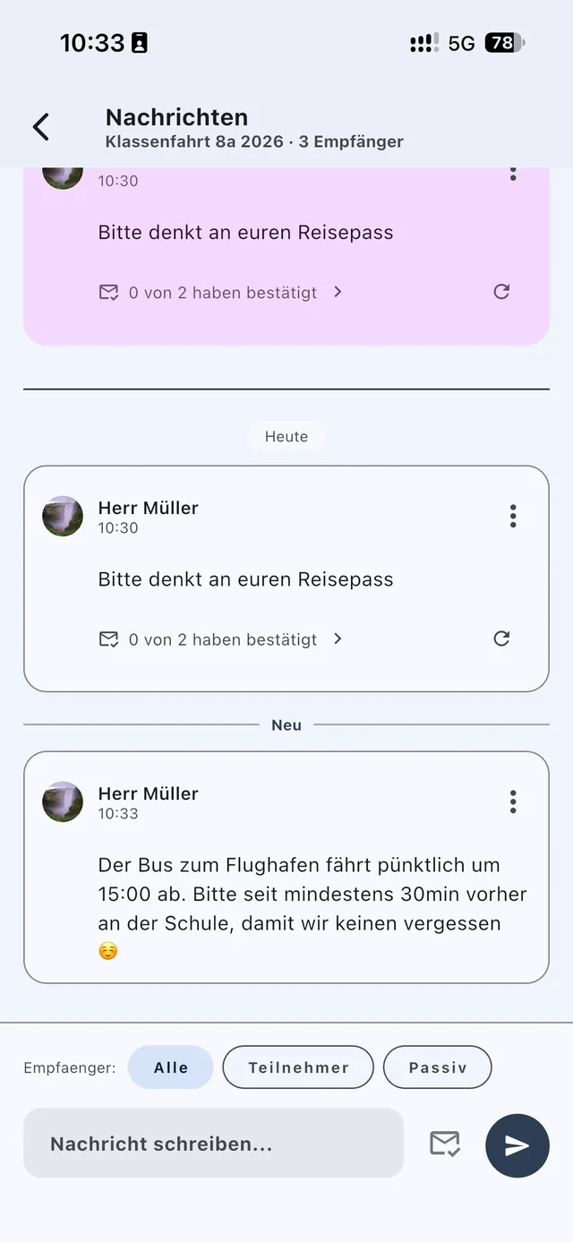 Nachricht verfassen mit Auswahl des Empfängerkreises und Anzeige der Lesebestätigungen