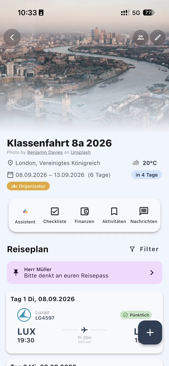 Reiseübersicht mit angepinnter Nachricht der Reiseleitung