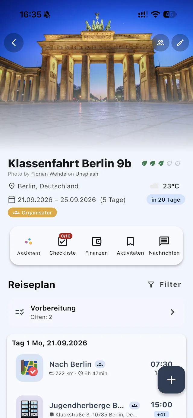 Reiseplan einer Klassenfahrt mit Programm, Checkliste und Kosten