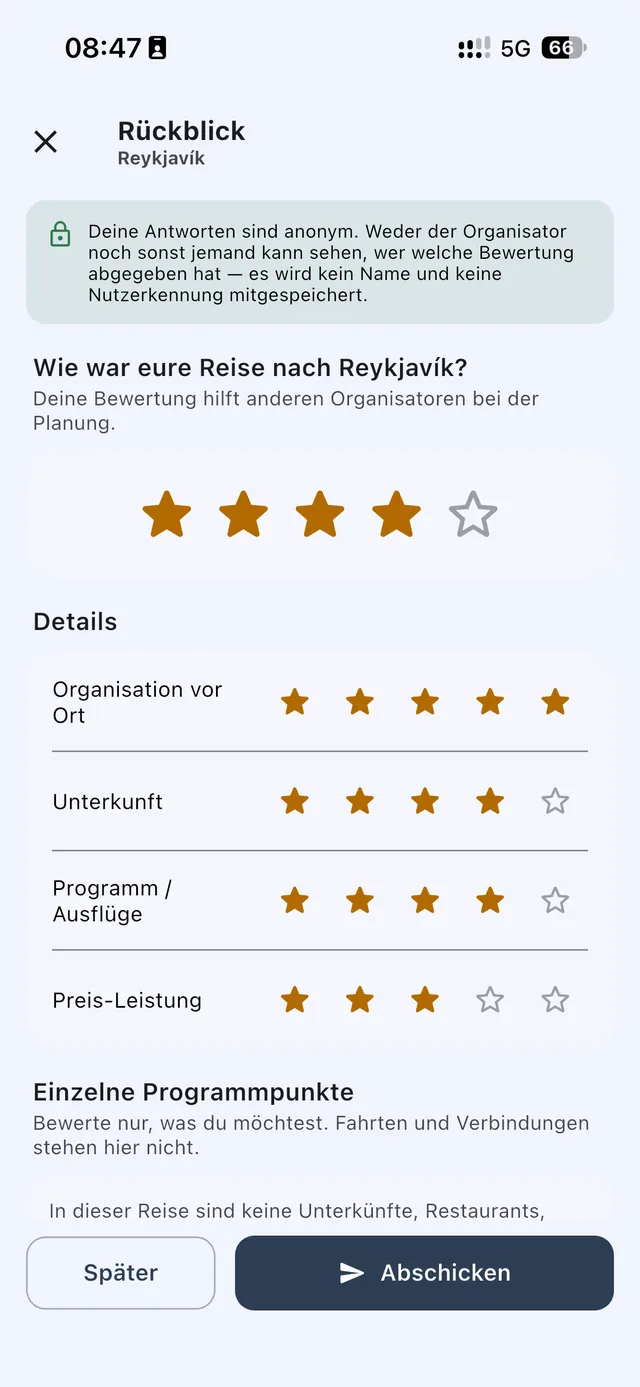 Anonymer Rückblick mit Sternebewertung für Organisation, Unterkunft, Programm und Preis-Leistung