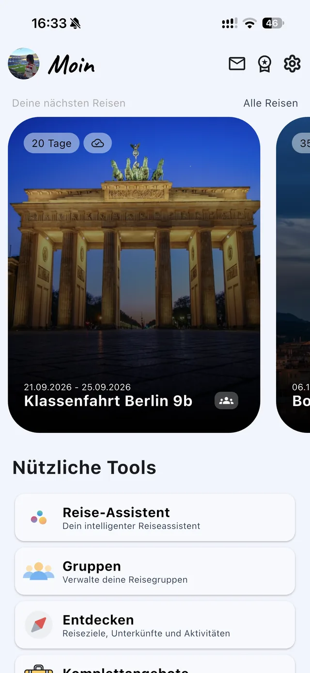 Startbildschirm der App mit der nächsten Klassenfahrt