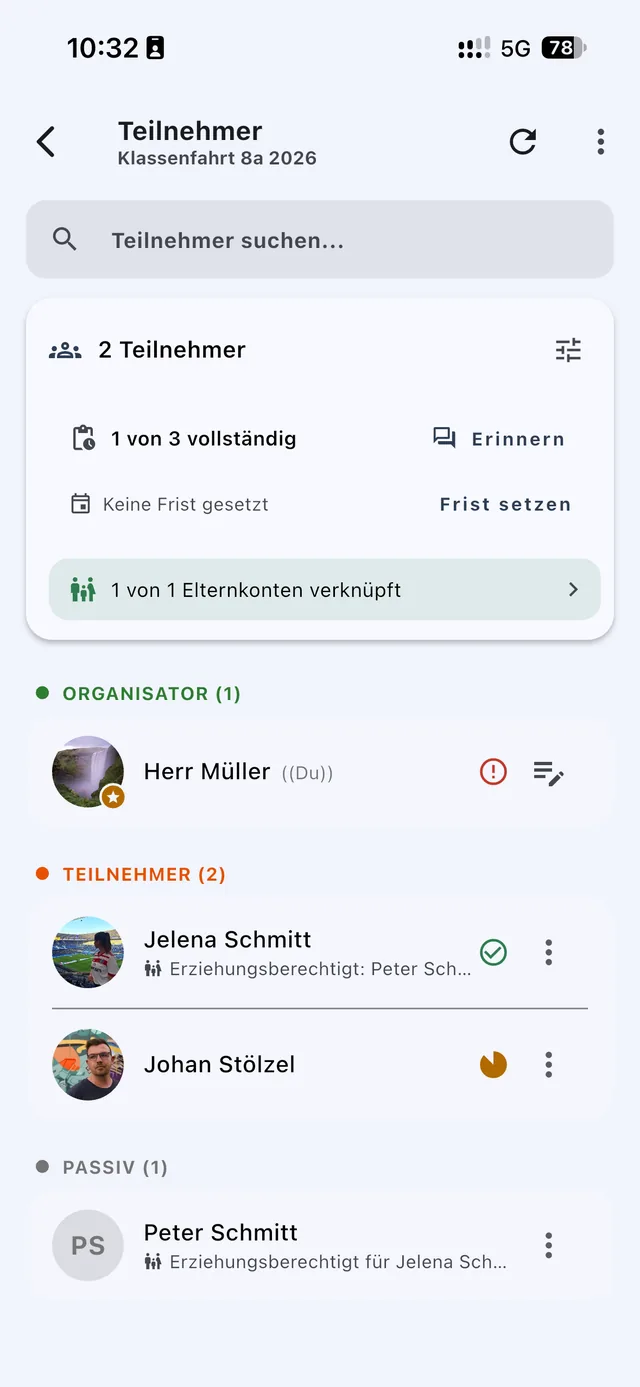 Teilnehmerliste mit Rollen, verknüpften Elternkonten und dem Stand der Angaben