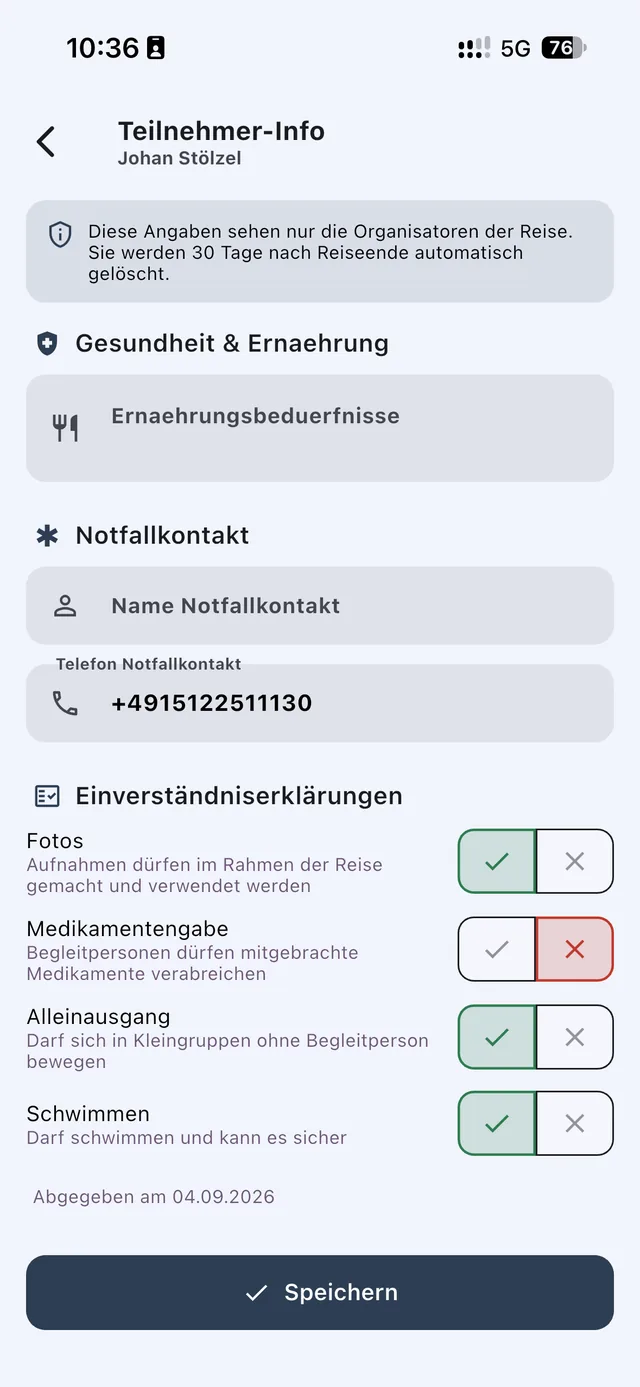 Formular für Notfallkontakt, Ernährung und Einverständniserklärungen