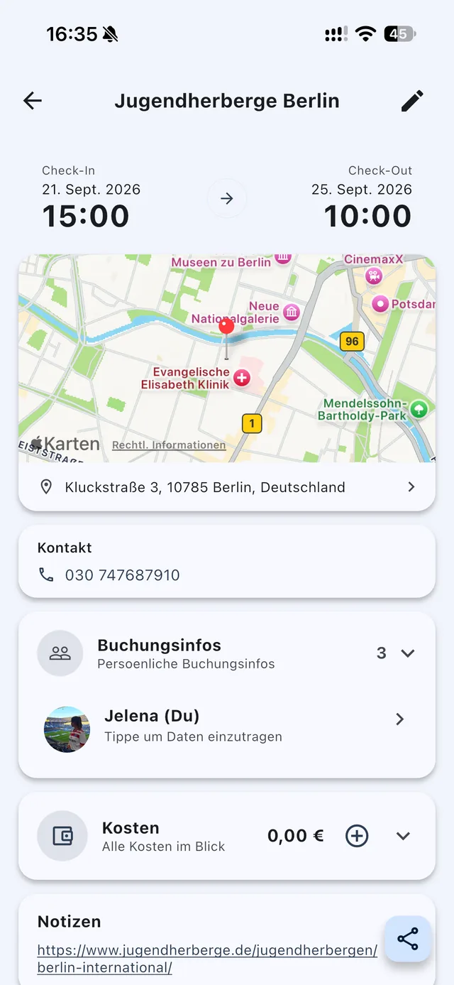 Detailansicht der Jugendherberge mit Check-in, Karte, Kontakt, Buchungsinfos und Kosten